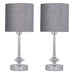 First Choice Lighting Set Of 2 Chrome Jewelled Table Lamp With Silver Glitter Shades