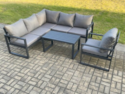 Fimous Aluminium Outdoor Garden Furniture Set Lounge Sofa Oblong Coffee Table Sets With Chair Indoor Conservatory Set Dark Grey - thumbnail 1