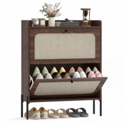 Homcom Boho Narrow Shoe Cabinet, Shoe Rack With 2 Flip Drawers, Dark Brown - thumbnail 2