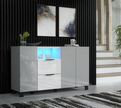 Furneo Sideboard Grey White High Gloss Matt Cabinet Cupboard Unit Blue Led Lights Enzo 16 - image 1