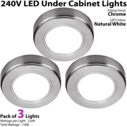 3-Pack Chrome Round Under Cabinet Led Lighting Kit - 240V Mains - Natural White Brightness - thumbnail 2