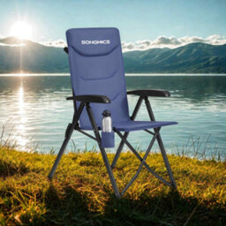 Adjustable Reclining Camping Chair, Padded Folding Outdoor Seat With Swivel Cup Holder And Carry Strap, Blue - thumbnail 1