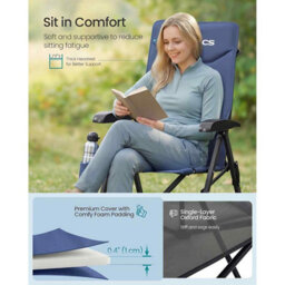 Adjustable Reclining Camping Chair, Padded Folding Outdoor Seat With Swivel Cup Holder And Carry Strap, Blue - thumbnail 3