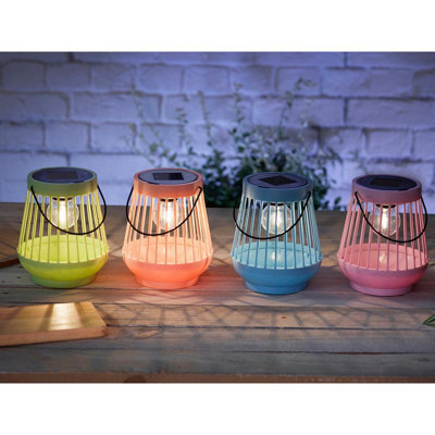 Set Of 4 Solar Powered Viva Colourful Lanterns - Weatherproof Fluted Design Outdoor Garden Led Light Decorations - H15 X 13Cm Dia - image 1