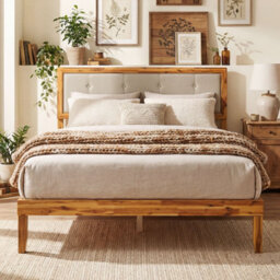Gainoom 136 X 190 Cm Solid Acacia Wood Bed Frame Upholstered Platform Bed With Wooden Slat Support & Ample Under-Bed Space - thumbnail 5