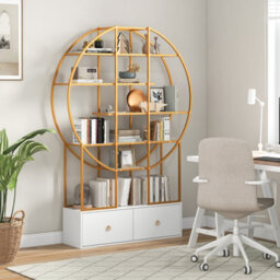 Costway 6-Tier Golden Bookshelf 180Cm Tall Metal Bookcase W/ Staggered Shelves - thumbnail 1