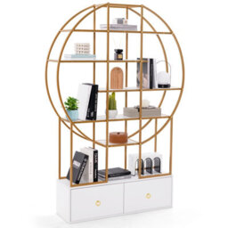 Costway 6-Tier Golden Bookshelf 180Cm Tall Metal Bookcase W/ Staggered Shelves - thumbnail 2