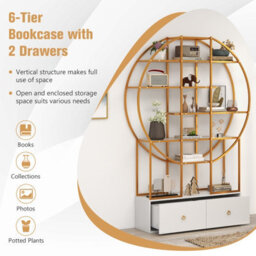 Costway 6-Tier Golden Bookshelf 180Cm Tall Metal Bookcase W/ Staggered Shelves - thumbnail 6