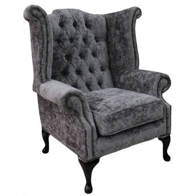 Chesterfield High Back Wing Chair Belvedere Pewter Grey Fabric In Queen Anne Style - image 1