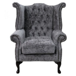 Chesterfield High Back Wing Chair Belvedere Pewter Grey Fabric In Queen Anne Style - thumbnail 2