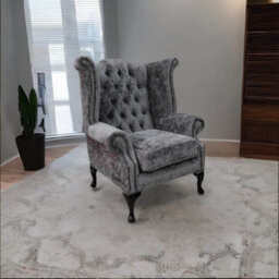 Chesterfield High Back Wing Chair Belvedere Pewter Grey Fabric In Queen Anne Style - thumbnail 3