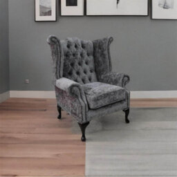 Chesterfield High Back Wing Chair Belvedere Pewter Grey Fabric In Queen Anne Style - thumbnail 4