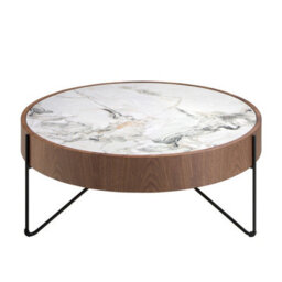 Angel Cerda Elegant Round Coffee Table In Porcelain Marble And Walnut With Black Steel Legs - thumbnail 1