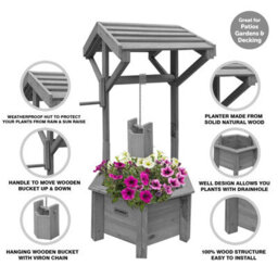 Vivo Grey Wooden Wishing Well Planter For Garden Indoor Outdoor Solid Natural Wood - thumbnail 1