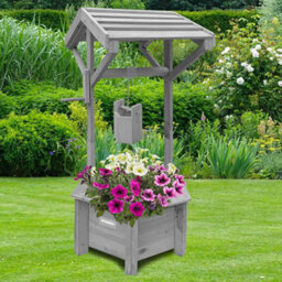 Vivo Grey Wooden Wishing Well Planter For Garden Indoor Outdoor Solid Natural Wood - thumbnail 5