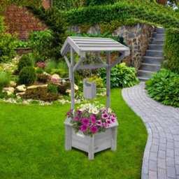 Vivo Grey Wooden Wishing Well Planter For Garden Indoor Outdoor Solid Natural Wood - thumbnail 7