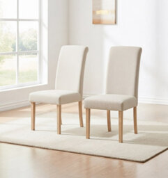 Hallowood Furniture Premium Roll Top Linen Fabric Cream Dining Chairs Set Of 2 With Solid Wooden Legs