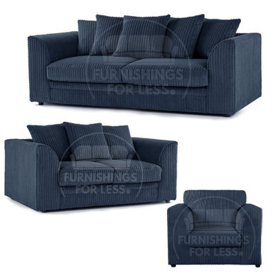 Furnishings For Less UK Luxor Jumbo Cord 3 + 2 + 1 Fabric 3 Piece Sofa Suite - Scatter Back Navy Blue
