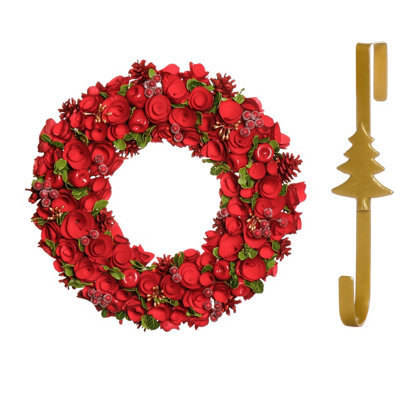 Dibor 42Cm Extra Large Red Rose Front Door Christmas Wreath With Tree Wreath Hanger - image 1