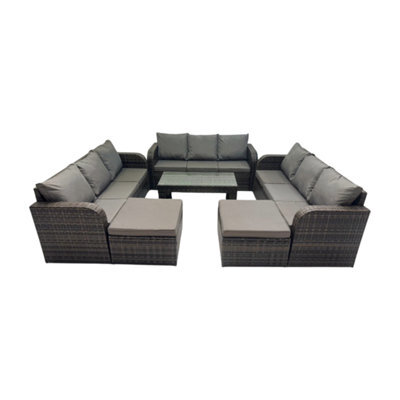 Fimous Rattan Garden Outdoor Furniture Set 3 Seater Sofa Coffee Table With 2 Big Footstools Dark Grey Mixed - image 1