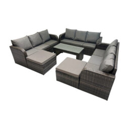 Fimous Rattan Garden Outdoor Furniture Set 3 Seater Sofa Coffee Table With 2 Big Footstools Dark Grey Mixed - thumbnail 2