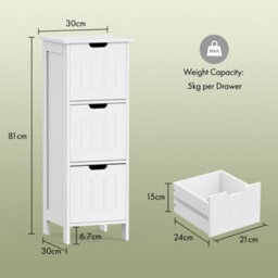 Vonhaus Bathroom Storage Drawers, White Freestanding Bathroom Cabinet With 3 Drawers & Shaker Tongue & Groove Design, Holbrook - thumbnail 9