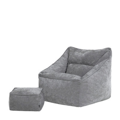 icon Natalia Chenille Adults Bean Bag Armchair And Pouffe, Ready Filled Large Beanbag And Footstool Grey - image 1