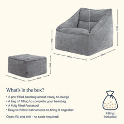 icon Natalia Chenille Adults Bean Bag Armchair And Pouffe, Ready Filled Large Beanbag And Footstool Grey - thumbnail 7