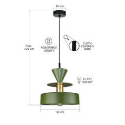 Luminosa Lighting Luminosa Valia Dome Pendant Ceiling Light Green, Gold 1X E27 - thumbnail 3