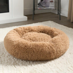 OHS Dog Bed Fluffy Plush Fleece Pet Calming Anti Anxiety Round, Beige - Medium