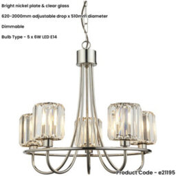 Loops Multi Arm Hanging Ceiling Pendant Light - Bright Nickel Plate & Clear Glass - 5 X 6W Led E14 - thumbnail 2