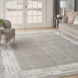 Grey Silver Bordered Chequered Modern Easy To Clean Rug For Bedroom & Living Room-239Cm X 300Cm - thumbnail 2