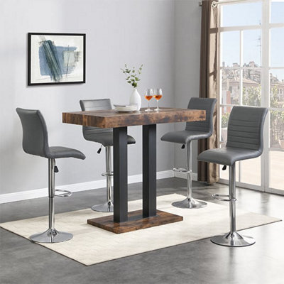Furniture in Fashion Caprice Small Rustic Oak Wooden Bar Table 4 Ripple Grey Stools - image 1