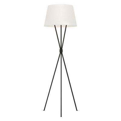 Elegant White Linen Floor Lamp With Aged Iron Tripod Base And Led Bulb
