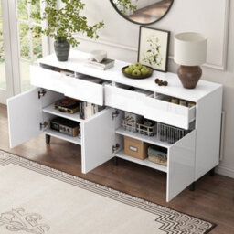 Btm White Sideboard Storage Cabinet With 4 Doors 4 Drawers Adjustable Shelves For Living Room And Kitchen - thumbnail 3