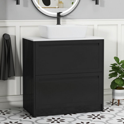Royal Bathrooms Royal Bathroom Elmore 800mm Matt Nocturne Black Freestanding Bathroom Vanity Unit 2 Drawer Plain White Worktop With Cube Basin - image 1