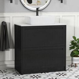 Royal Bathrooms Royal Bathroom Elmore 800mm Matt Nocturne Black Freestanding Bathroom Vanity Unit 2 Drawer Plain White Worktop With Cube Basin - thumbnail 1