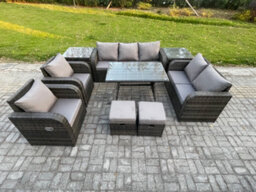 Fimous Outdoor Rattan Garden Furniture Set 9 Seater Patio Lounge Sofa Set With Dining Table 2 Small Footstools 2 Side Tables - thumbnail 1
