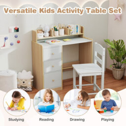 Costway Kids Study Desk And Chair Set Children Writing Desk W/ Hutch-Green - thumbnail 7