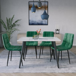 Urbn-Living Urbnliving 5Pcs Gloss White Modern Ceramic Top Dining Table & Green Plush Velvet Chairs With Metal Legs - thumbnail 2