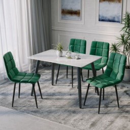 Urbn-Living Urbnliving 5Pcs Gloss White Modern Ceramic Top Dining Table & Green Plush Velvet Chairs With Metal Legs - thumbnail 5