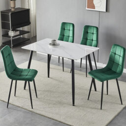 Urbn-Living Urbnliving 5Pcs Gloss White Modern Ceramic Top Dining Table & Green Plush Velvet Chairs With Metal Legs