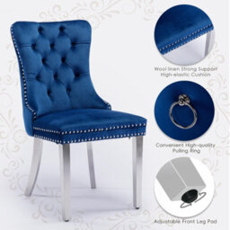 HomeTouch Set Of 4 Lux Velvet Dining Chairs With Steel Legs And Pull Knocker Back Tufted Kitchen Chairs Home Office Accent Chairs Blue - thumbnail 8