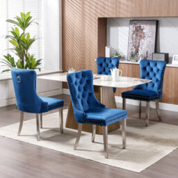 HomeTouch Set Of 4 Lux Velvet Dining Chairs With Steel Legs And Pull Knocker Back Tufted Kitchen Chairs Home Office Accent Chairs Blue