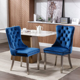 HomeTouch Set Of 4 Lux Velvet Dining Chairs With Steel Legs And Pull Knocker Back Tufted Kitchen Chairs Home Office Accent Chairs Blue - thumbnail 4