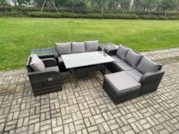 Fimous 8 Seater Rattan Garden Furniture Set Oblong Dining Table And Chairs Set With 3 Seater Sofa 2 Side Tables Big Footstool - thumbnail 2