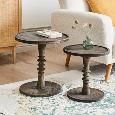 Wyld And Coco Dark Mango Wood Round Side Tables Set Of 2 With Turned Pedestal Bases - image 1