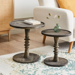 Wyld And Coco Dark Mango Wood Round Side Tables Set Of 2 With Turned Pedestal Bases - thumbnail 1