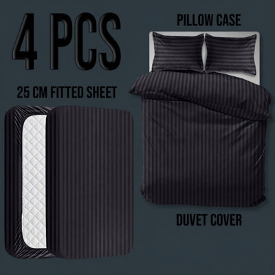 Oxford Homeware Black Single Stripe Soft Microfiber Duvet Cover, Fitted Sheet & Pillowcase Set 4 Piece Bedding Set