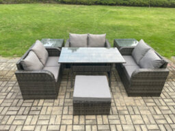 Fimous 7 Seater Outdoor Rattan Garden Furniture Set With Patio Rectangular Dining Table Love Sofa 2 Side Tables Big Footstool - thumbnail 1